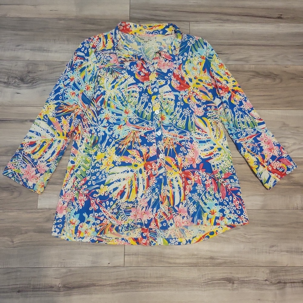 John Mark Shirt Womens Small Floral Embroidered Button Front Tunic Blouse